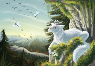 Картинка рисованное животные +коты кот взгляд фон бабочки