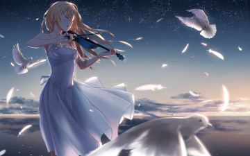 обоя аниме, shigatsu wa kimi no uso, скрипка, девушка, звезды, перья, голуби