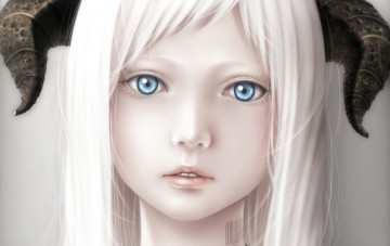 Картинка аниме ангелы +демоны штрих-код рога белые волосы девушка bouno satoshi арт крупный план