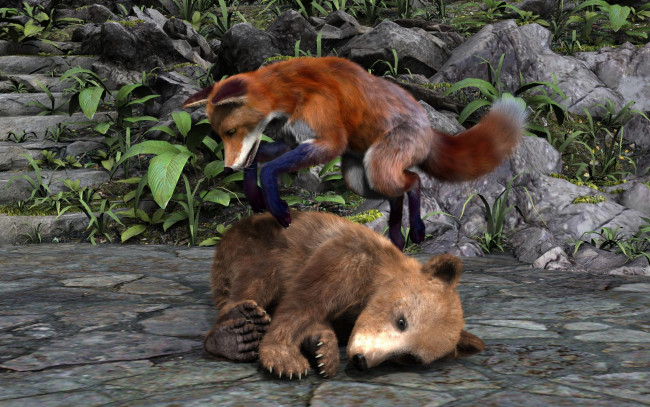 Обои картинки фото 3д графика, животные , animals, игра, лиса, медведь