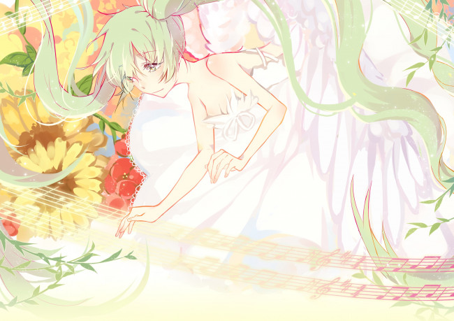 Обои картинки фото аниме, vocaloid, hatsune, miku, девушка, цветы, ноты, арт