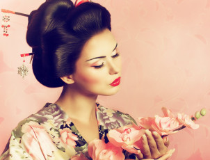 Картинка девушки -unsort+ лица +портреты прическа кимоно сакура фон япония макияж