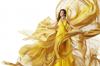 Картинка девушки -unsort+ креатив брюнетка белый фон платье девушка ткань улыбка желтое прическа