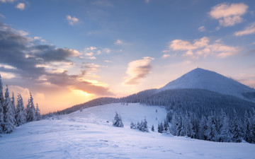 Картинка природа зима лучи мороз лес ели холмы небо ёлки снег склоны сугробы пейзаж горы облака следы вершины