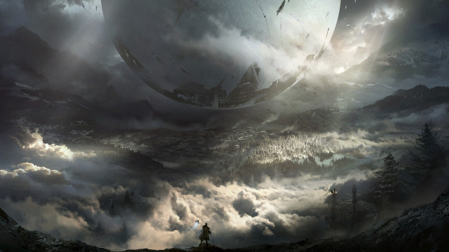 Обои картинки фото видео игры, destiny 2, сфера, лес, destiny, 2, облака, арт, горы, bungie