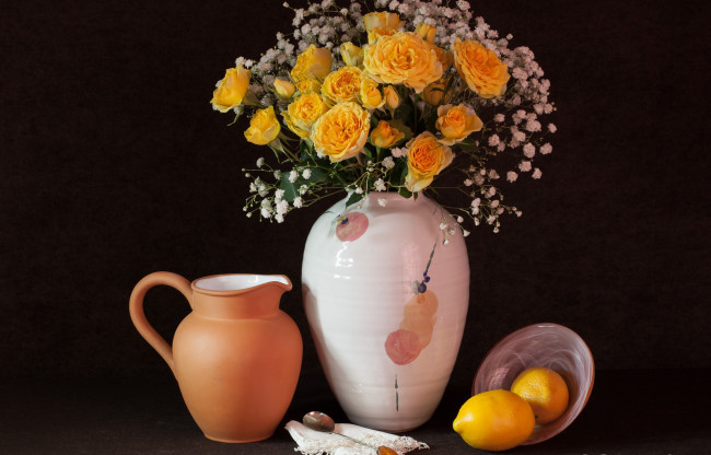 Обои картинки фото еда, натюрморт, гипсофила, ваза, лимон, розы