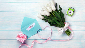 Картинка праздничные день+святого+валентина +сердечки +любовь будильник надпись подарок тюльпаны