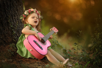 обоя музыка, -другое, девочка, венок, гитара, песня, дерево