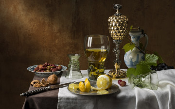 Картинка еда натюрморт маслины лимон орехи вино