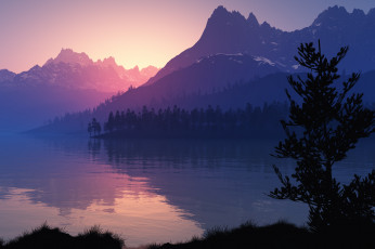 Картинка unreachable 3д графика nature landscape природа горы сумрак озеро