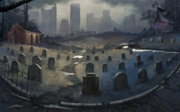 Картинка фэнтези иные+миры +иные+времена иной мир кладбище мегаполис город небоскребы дождь
