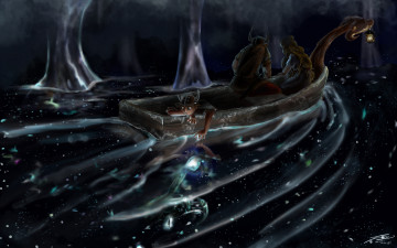 Картинка фэнтези люди небо лодка викинг женщина ребенок звезды