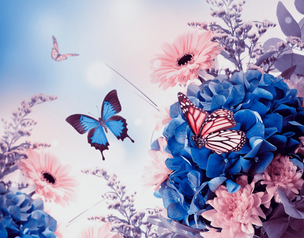Обои картинки фото разное, компьютерный дизайн, цветы, бабочки, листики, гербера, хризантемы, гортензия