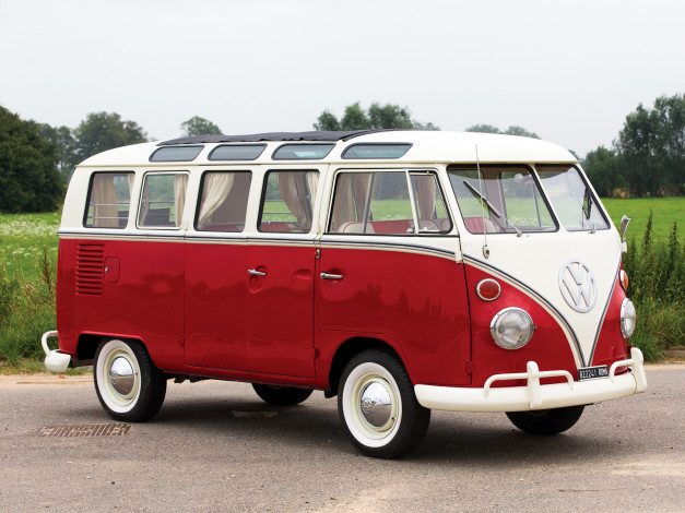 Обои картинки фото автомобили, volkswagen, deluxe, t1, 1964г, красный, micro, bus
