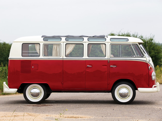 Обои картинки фото автомобили, volkswagen, deluxe, t1, красный, micro, bus, 1964г