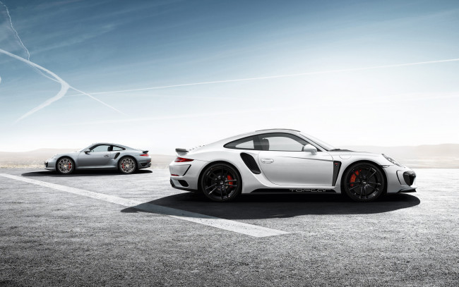 Обои картинки фото 2014 top car stinger gtr , porsche 911 991 turbo s, автомобили, porsche, stinger, металлик, два, серый, белый