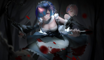 Картинка аниме re +zero+kara+hajimeru+isekai+seikatsu оружие кровь девушки рем рам