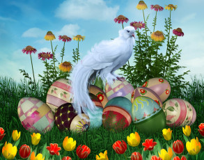 Картинка праздничные пасха цветы яйца птица