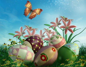 Картинка праздничные пасха цветы яйца бабочка