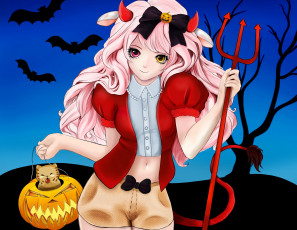 Картинка праздничные хэллоуин девушка рога летучая мышь бант шорты дерево