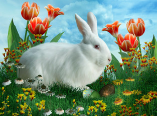 обоя праздничные, пасха, цветы, трава, яйцо, кролик, облака, тюльпаны