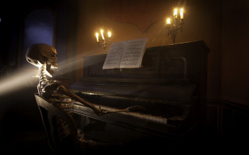 обоя музыка, -музыкальные инструменты, пианино, ноты, скелет, подсвечник