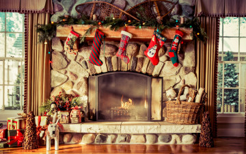 Картинка праздничные новогодний+очаг корзина камин огонь