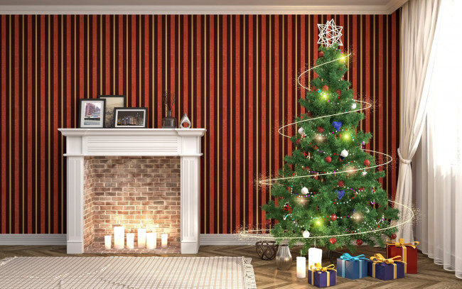 Обои картинки фото праздничные, ёлки, подарки, елка, свечи, камин