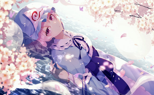Обои картинки фото аниме, touhou, девушка, чепчик, сад, цветение