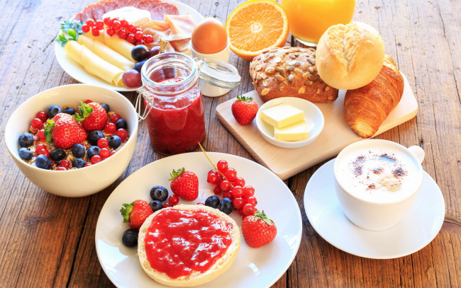 Обои картинки фото еда, разное, завтрак, сыр, ветчина, мюсли, кофе, варенье