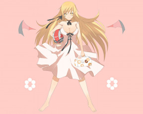 Картинка аниме bakemonogatari oshino+shinobu kissshot+acerolaorion+heartunderblade девушка шлем крылья платье бант ленты еда пончики
