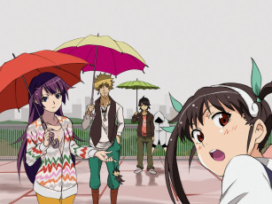 обоя аниме, bakemonogatari, hachikuji mayoi, kanbaru suruga, oshino meme, senjougahara hitagi, araragi koyomi, улица, дождь, зонт, город, девушка, мужчина