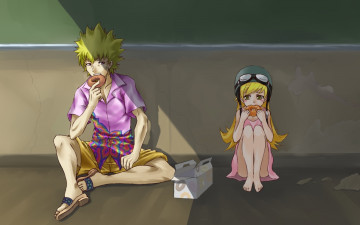 Картинка аниме bakemonogatari oshino+shinobu oshino+meme девушка мужчина помещение доска пончик еда шлем