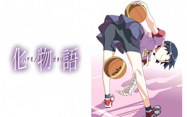 Обои картинки фото аниме, bakemonogatari, kanbaru suruga, девушка, баскетбольный мяч, форма, бинт, шорты