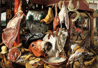 Картинка питер артсен мясная лавка рисованные pieter aertsen колбаса голова курица святое семейство