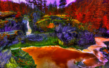 обоя mystique, falls, природа, водопады, краски, водопад, камни, лес, река, скалы