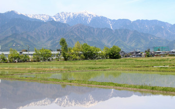 Картинка природа поля Япония горы дома вода
