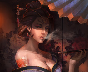 Картинка рисованные люди заколка прическа узор тату цветы ширма дым кимоно курит серьги гейша девушка