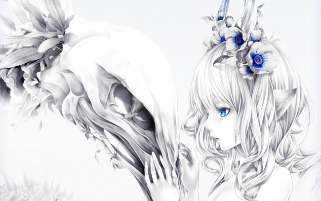 Обои картинки фото bouno satoshi, аниме, -angels & demons, цветы, блондинка, девушка, демон, череп