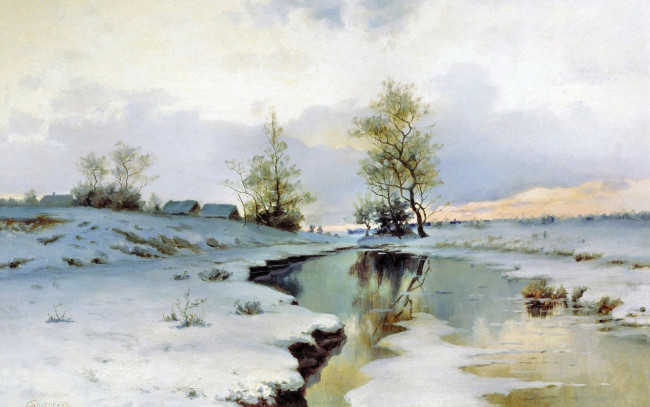 Обои картинки фото рисованные, живопись, снег, река