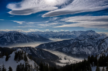 Картинка природа горы снег деревья зима долина облака небо