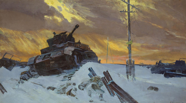 Обои картинки фото рисованное, армия, великая, отечественная, война, картина, 1949, г, столбы, враг, остановлен, танк, небо, ф, усыпенко