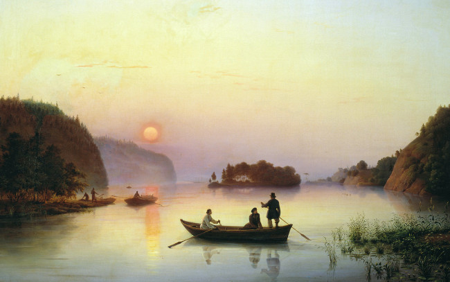Обои картинки фото рисованное, антон иванов, лодки, озеро, закат
