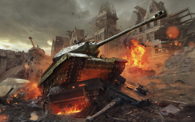 Обои картинки фото видео игры, мир танков , world of tanks, руины, город, танк, огонь