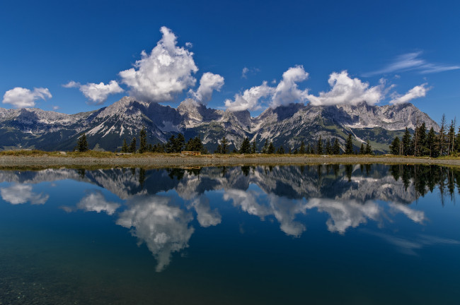Обои картинки фото природа, реки, озера, kaiser, mountains, austria, wilder, tirol, alps, горы, озеро, австрия, тироль, альпы, облака, отражение, кайзер, хребет, вильдер