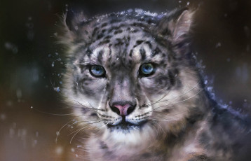 Картинка рисованное животные +коты арт rong леопард снег дикая кошка хищник