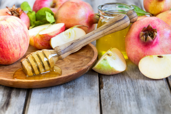 Обои картинки фото еда, мёд,  варенье,  повидло,  джем, гранат, фрукты, мед, яблоки