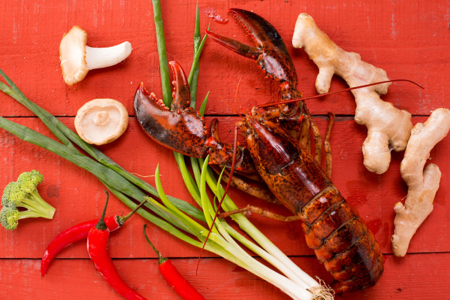 Обои картинки фото еда, рыба,  морепродукты,  суши,  роллы, перец, омар, лук, имбирь