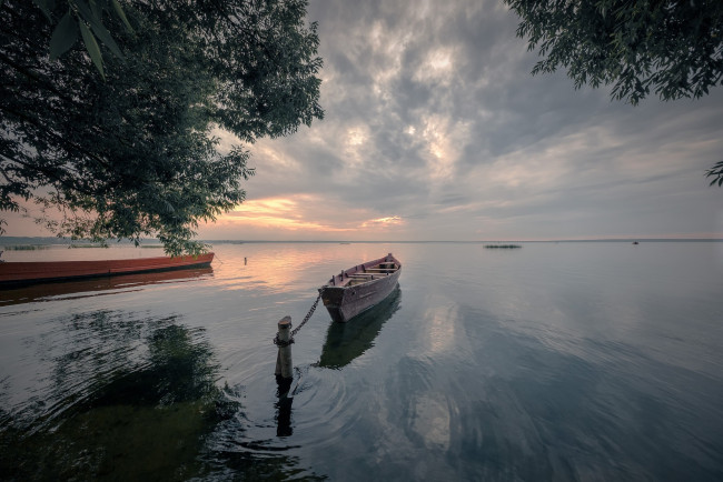 Обои картинки фото корабли, лодки,  шлюпки, озеро, лодка, закат