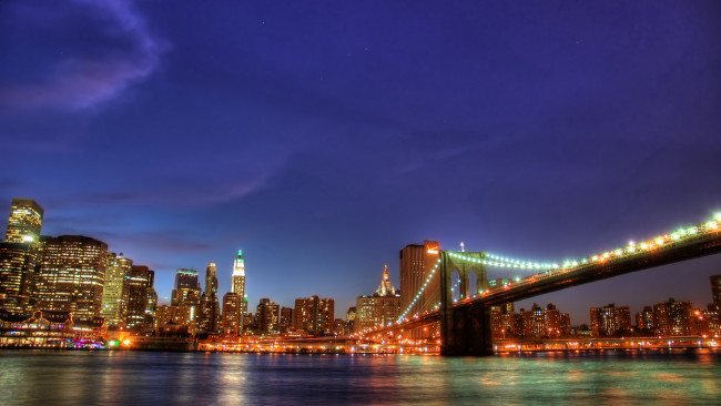 Обои картинки фото города, нью, йорк, сша, мост, огни